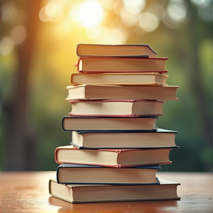 A stack of books sits on a wooden table with a blurred, sunlit background.