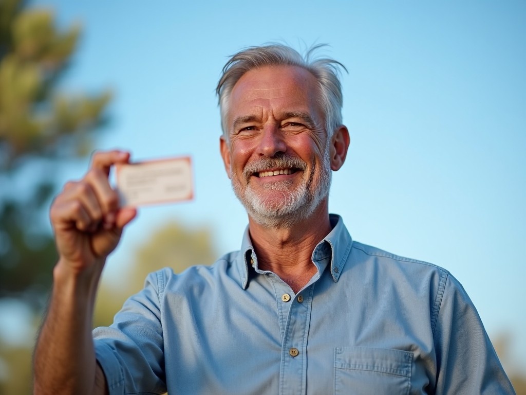 A middle-aged man smiles broadly while holding an ID card in his hand. He is outdoors with a clear blue sky in the background. His confident demeanor suggests he is proud of his identification. The image emphasizes joy and trust. The man is well-dressed in a light blue shirt, with a peaceful nature setting around him.