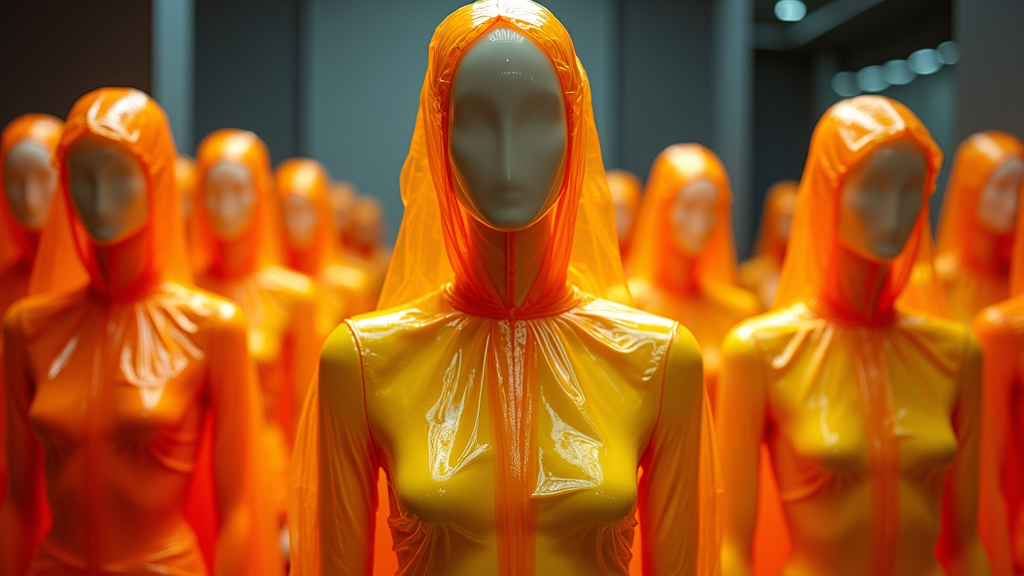 The image shows multiple mannequins wearing shiny orange outfits in a dimly lit room.