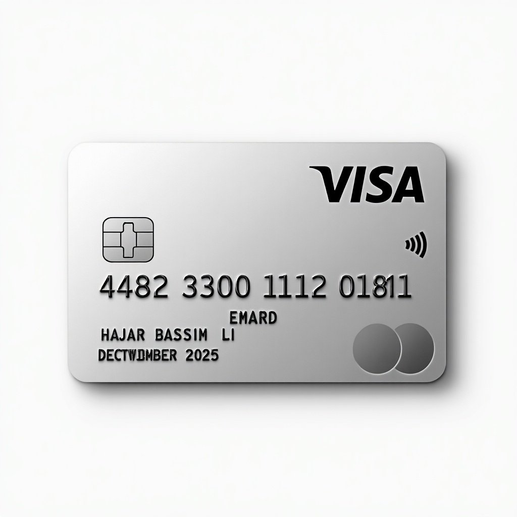 Realistic image of a credit card displaying distinct details. The card shows a Visa logo and features the number 44823301130080. Cardholder's name is Hajar bassim Li. Expiry date is December 2025. Silver background with bold black font for clarity.