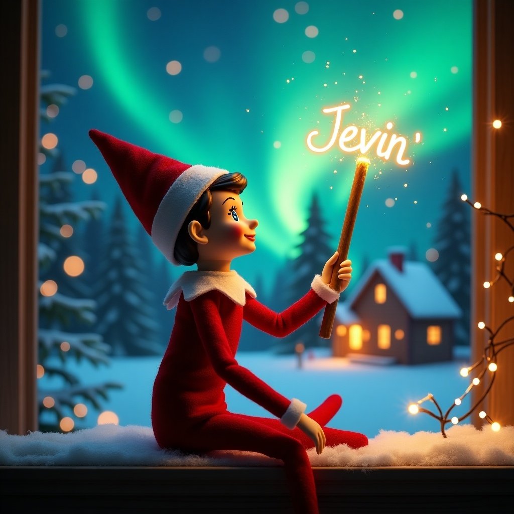 An elf sits with its back to the viewer. The elf gazes skyward while holding a glowing wand. A charming Christmas scene includes colorful northern lights. A cozy house is in the distance. Snow covers the ground. The elf embodies the magic of Christmas. ‘Jevin’ appears in the air from the wand.