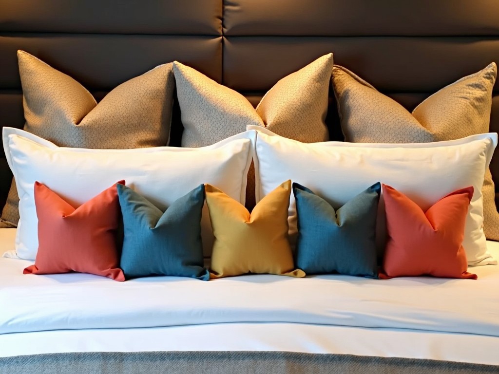 The image features a beautifully dressed bed with an elegant headboard in a soft gray shade. In front of the headboard, there are 5 colorful triangle pillows arranged in front of 3 larger triangle pillows. The arrangement showcases a mix of solid colors, including shades of blue, orange, and muted tones, creating a vibrant yet harmonious look. The bedding is neatly put together, contributing to a cozy and inviting ambiance. The warm lighting casts a soft glow over the scene, enhancing the comfort of the space.