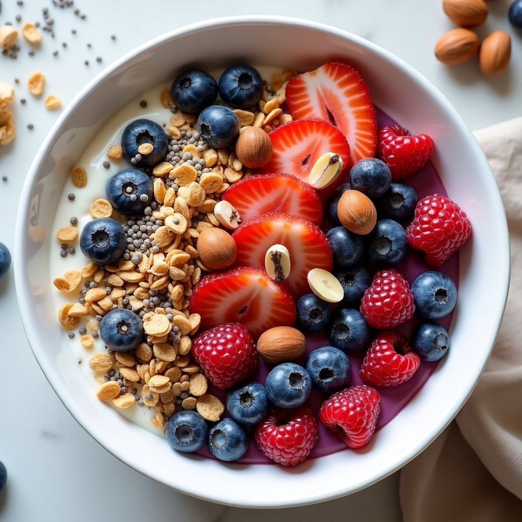 Bowl filled with yogurt topped with mixed berries including blueberries, raspberries, and sliced strawberries. Garnished with granola, hazelnuts, almonds, and chia seeds.