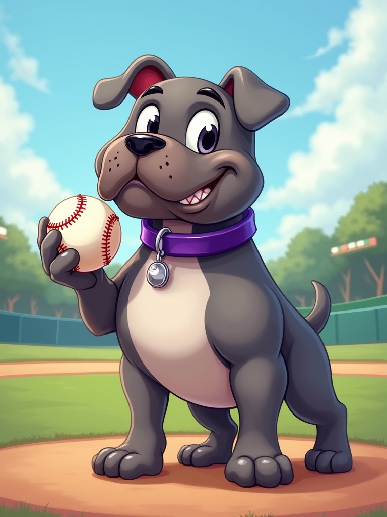 Bulldog in purple collar stands on baseball field. Holds baseball in his paw. Background features small baseball field. Cheerful and friendly character.