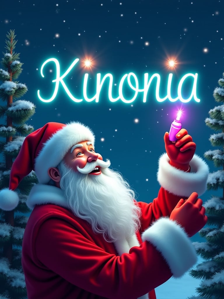 A Christmas scene. Santa Claus joyfully writes Kinonia in the night sky. He holds a colorful glow pen. The atmosphere is festive. The background has soft winter colors. Pine trees frame the scene. Stars twinkle in the sky.