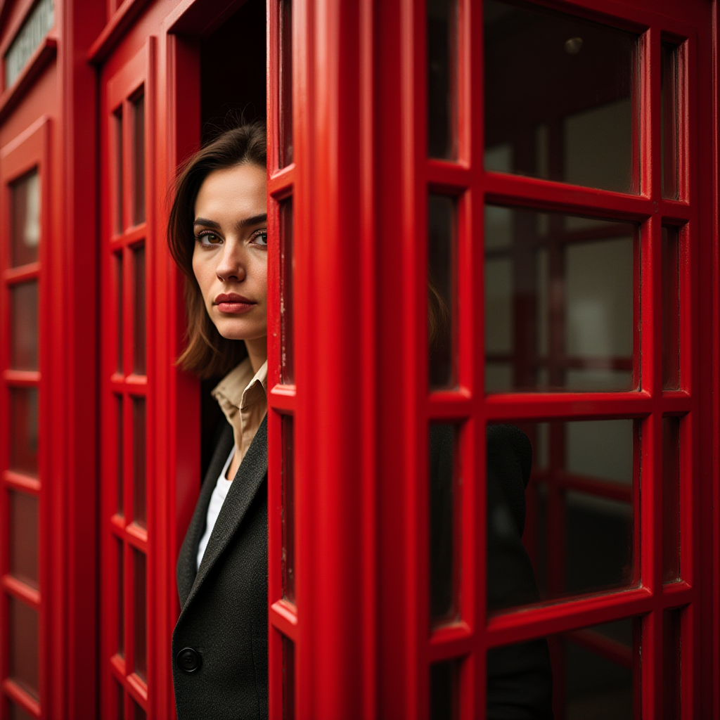 A woman stands partially inside a classic red British telephone booth.