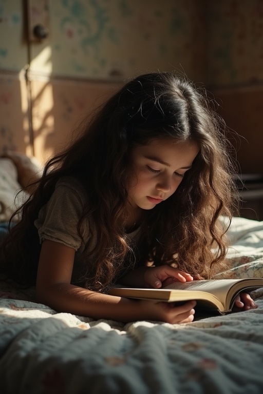 Young girl with long dark brown curly hair lies on a bed. She reads a book. The room has gloomy decor. Poor furnishings surround her. Warm light enters through the window and illuminates the scene.