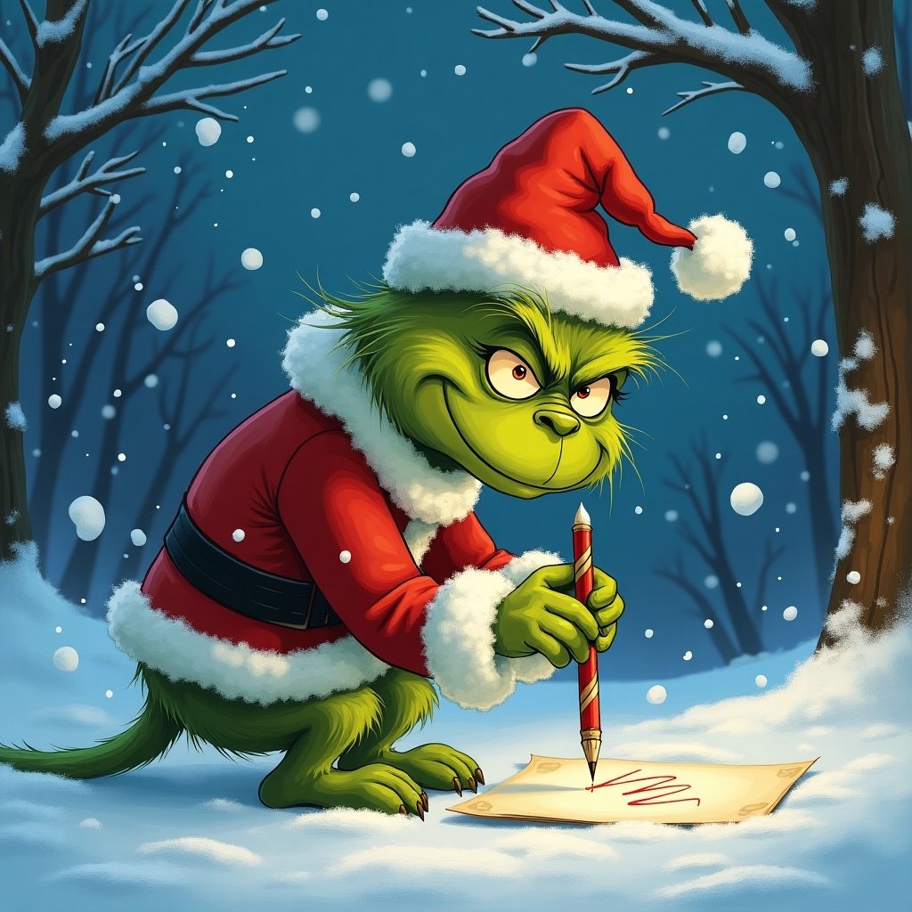 The Grinch character in a Santa costume. Green furry character writing in the snow. Winter landscape with trees and snowflakes. Festive mood with a playful touch.