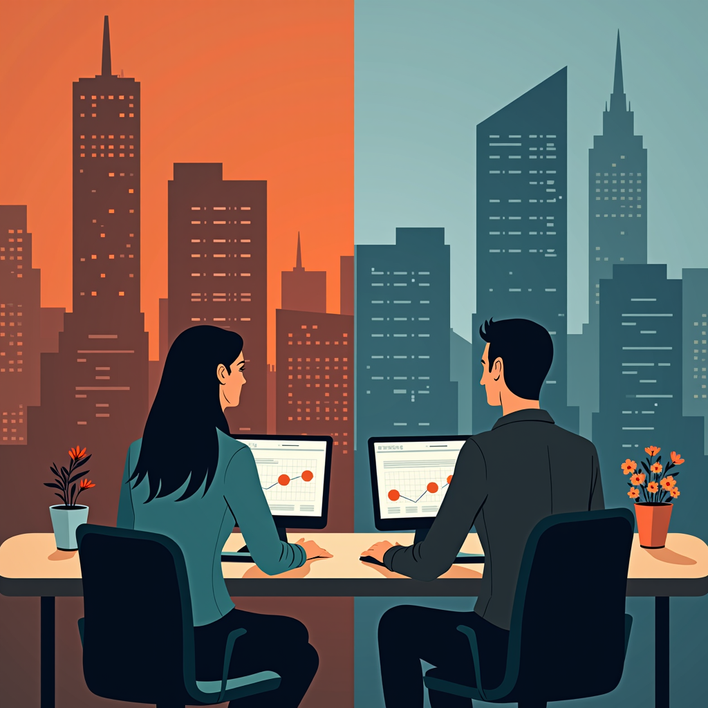 A man and woman sit at separate computers in an office setting, with a backdrop of an urban skyline transitioning from warm sunset to cool dusk hues.