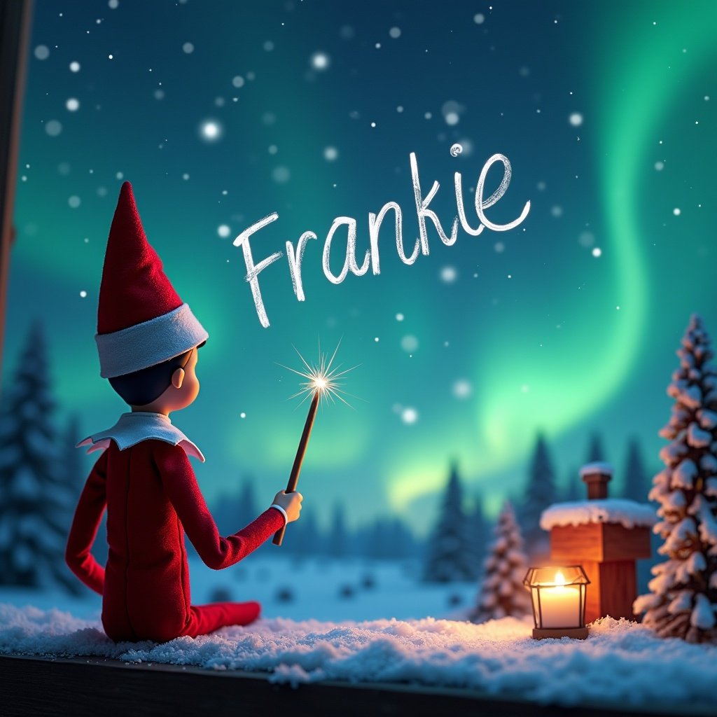 In this enchanting image, an elf sits on a window sill wearing a red outfit, facing the night sky. The elf is using a wand to write the name 'Frankie' in sparkling letters against a backdrop filled with northern lights. A cozy cabin with soft light glows in the background, complementing the serene winter scene. Snow blankets the ground, creating a magical Christmas atmosphere. The overall vibe radiates a sense of wonder and holiday cheer.