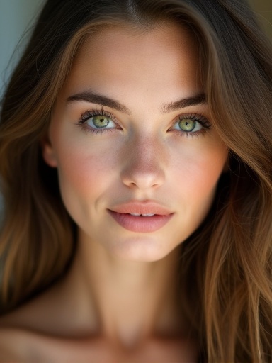 Pretty young woman with striking green eyes and brown hair. Soft lighting highlights natural beauty. Portrait style.