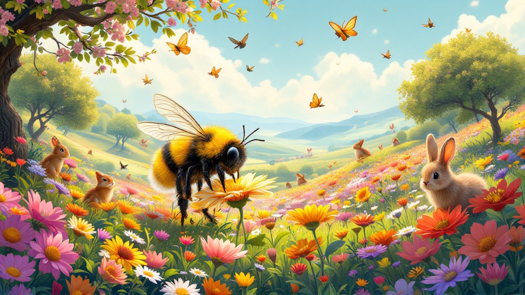 Solarpunk-inspired illustration. Expansive meadow with colorful flowers and fruit trees. Insects flutter around including bees and butterflies. Bumblebee pollinates a vibrant flower. Wildlife includes rabbits and birds under fruit trees. Peaceful atmosphere with sunny lighting.