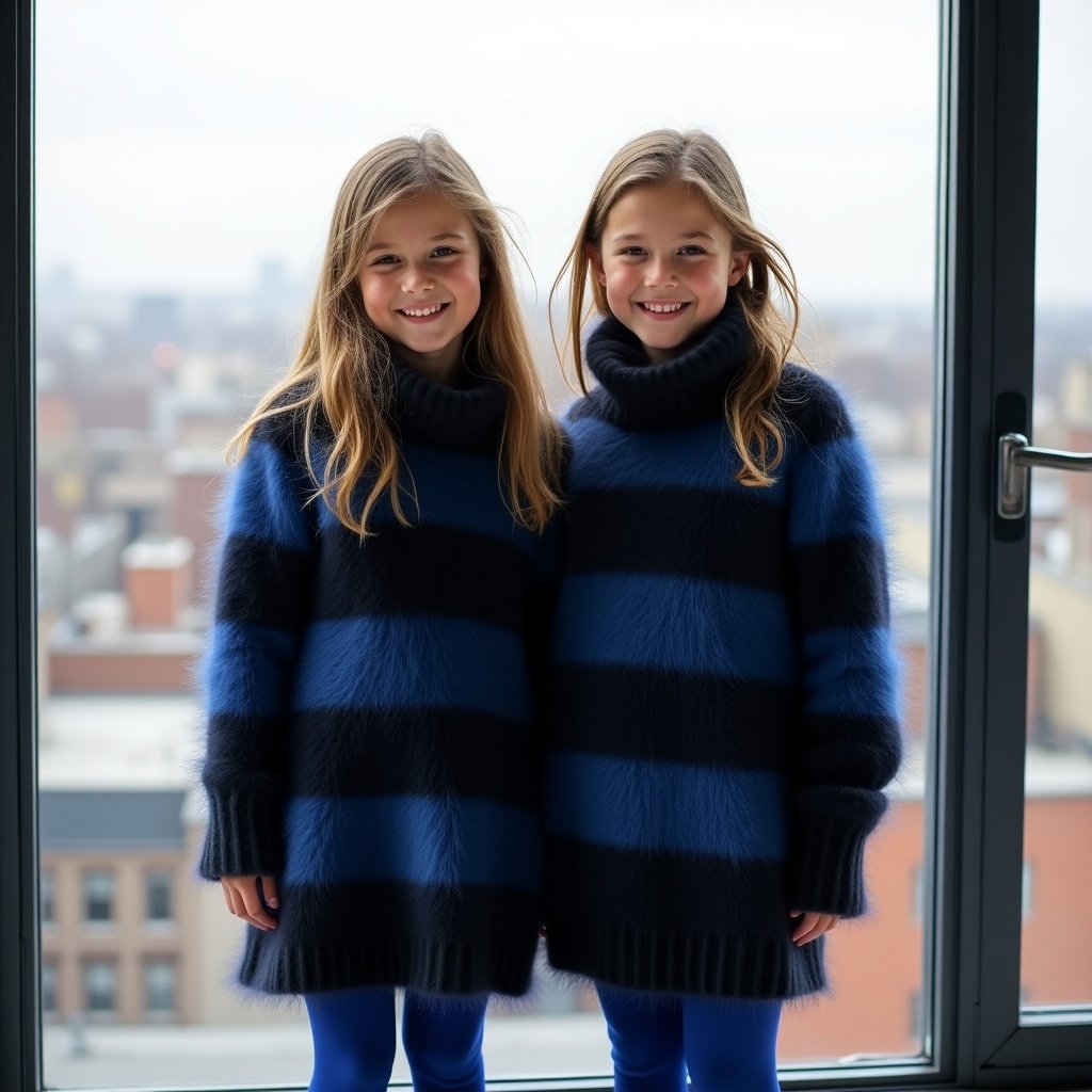 Two preteen sisters smile in soft, fluffy mohair sweaters. Sweaters have dark blue and black stripes with a cowlneck. They wear blue tights. Positioned in a penthouse with a city view. Emphasis on texture of the fuzzy yarn.