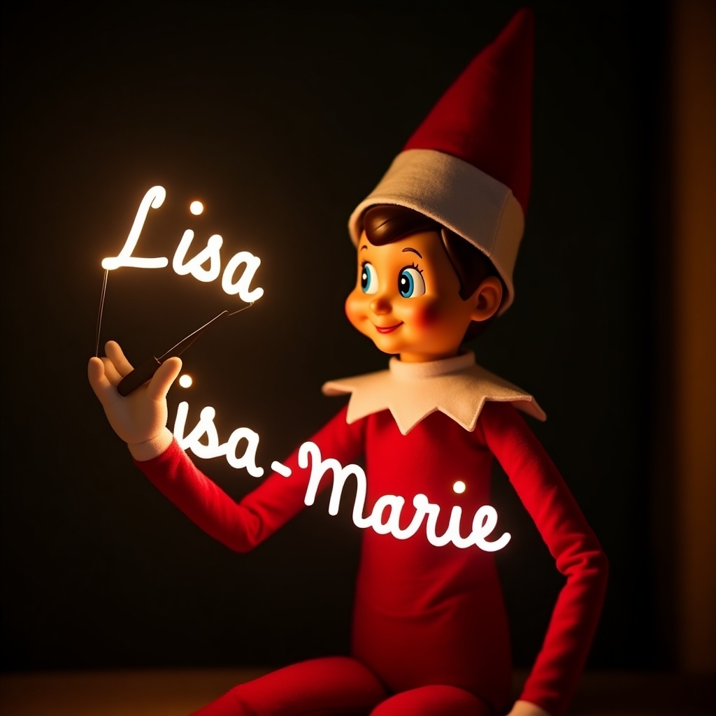 This image features an elf on the shelf character, dressed in traditional red and white attire. The elf is holding a glow stick that forms the name 'Lisa-Marie' in bright, soft light. The background is dark, which enhances the glowing effect of the text. It creates a warm, festive atmosphere, embodying the joy of the holiday season. The scene evokes feelings of magic and cheer associated with Christmas celebrations.