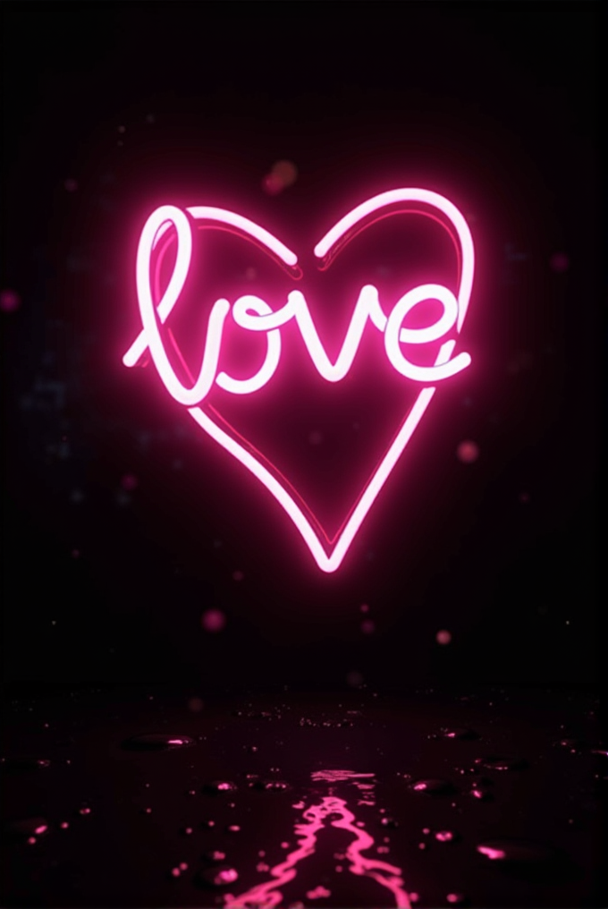 A pink neon sign spelling 'love' within a heart shape, reflected on a glossy surface in a dark setting.