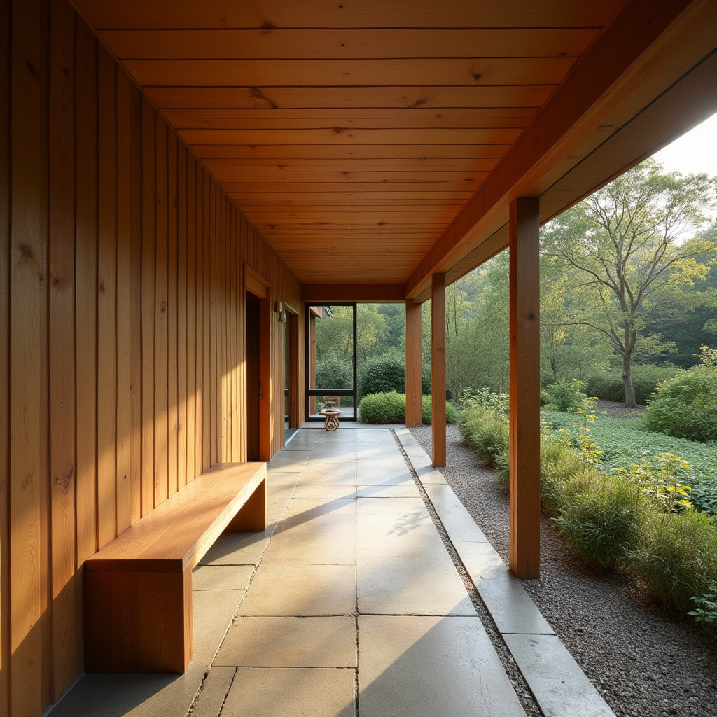 A tranquil porch with wooden panels overlooking a lush garden, radiating warmth and peace.