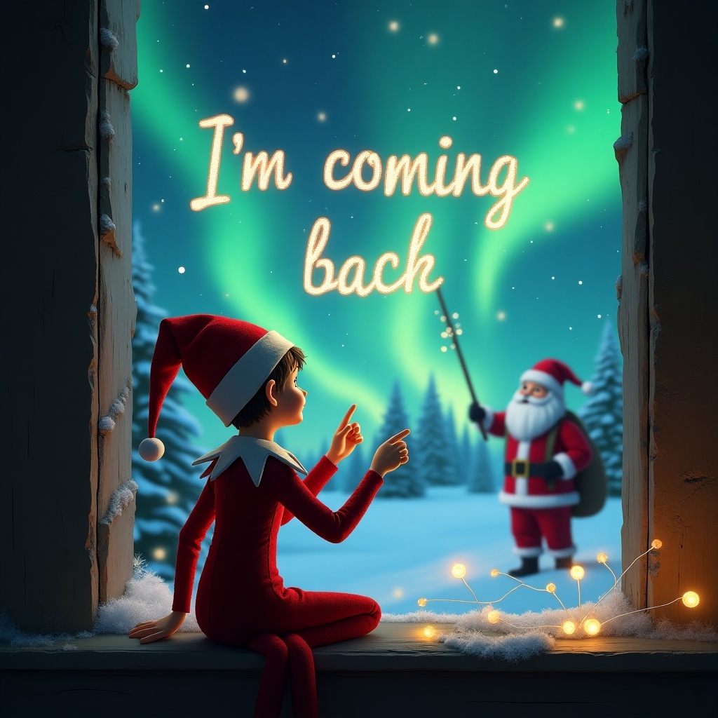 The image features an Elf on the Shelf sitting by a window, facing away from the viewer. The elf is using a wand to write 'I'm coming back' in the magical night sky filled with northern lights. In the background, we see Santa Claus, creating a whimsical atmosphere. The scenery includes snowy trees and a festive, cozy setting. The elf's playful demeanor and the enchanting backdrop evoke a sense of holiday cheer and anticipation.