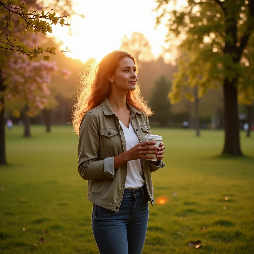 Person standing in a park during sunset holding a cup surrounded by trees and grass