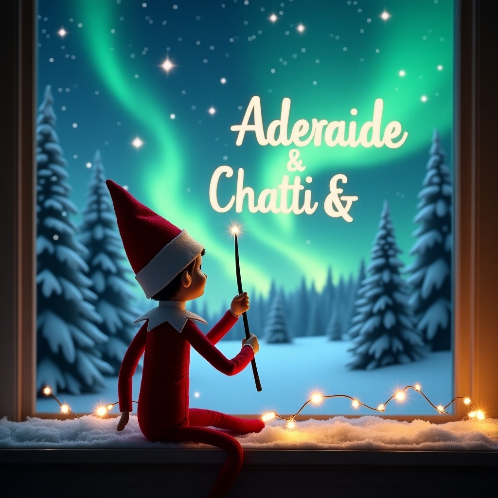 The image captures an enchanting scene during the Christmas season. An elf on the shelf, with its back to the viewer, holds a wand pointed towards the sky. The elf is writing the names 'Adelaide' and 'Freddie' in elegant, sparkly letters. Behind the elf, a breathtaking display of northern lights illuminates the night sky. Snow-covered trees stand majestically in the background, enhancing the winter wonderland atmosphere. This whimsical scene embodies the magic and joy of the holiday season, evoking feelings of wonder and festivity.