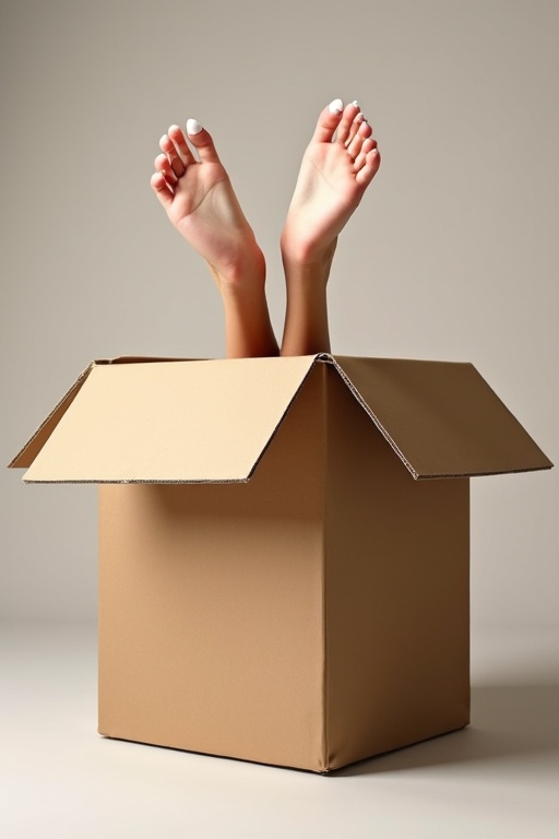 Image of a large cardboard box. Feet of a woman are visible protruding from the box. The woman has white nail polish on her toes. The box flaps are open. Background style is simple and neutral.