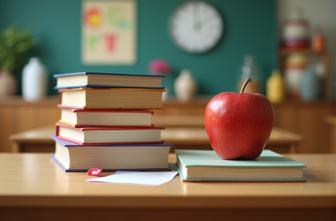 A stack of books and a red apple are placed on a wooden desk in a classroom setting.