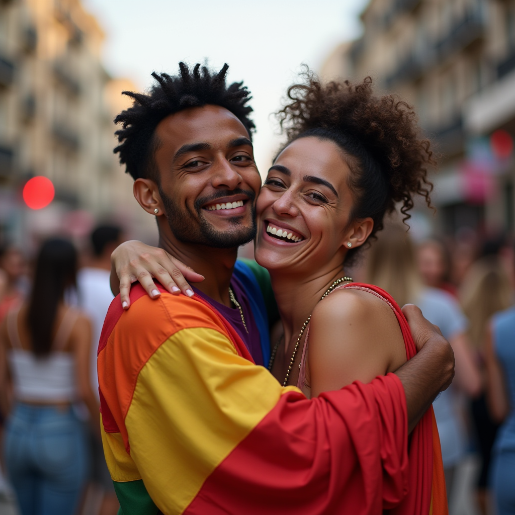 The image captures two individuals embracing and smiling broadly at a lively outdoor event. The person on the left is wearing a colorful, rainbow-patterned top, symbolizing inclusivity and pride. The person on the right has curly hair tied up and is wearing a gold necklace. The background shows a bustling street with other people in casual attire, suggesting a festival or parade atmosphere. The atmosphere is vibrant and filled with joy.