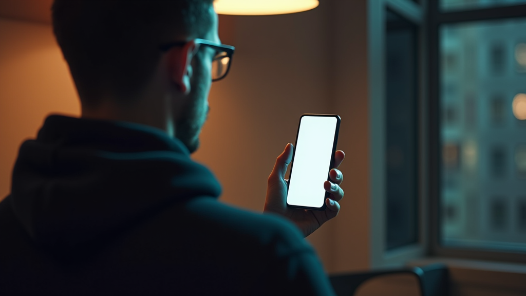 A person in glasses looks at a smartphone with a blank screen in a dimly lit room.