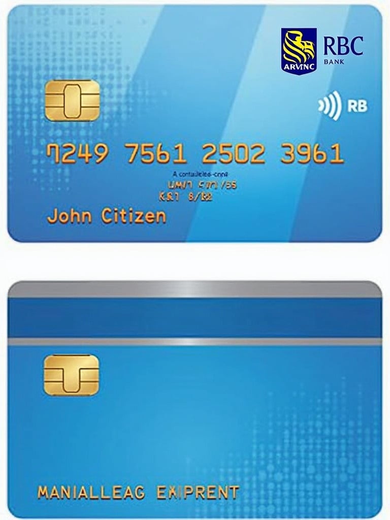 Image shows a bank card from RBC Bank. Front features a chip, unique card number, expiration date, and name 'John Citizen'. Contactless payment symbol included. Back displays a magnetic strip, signature space, security code. Modern design with gradient pattern.