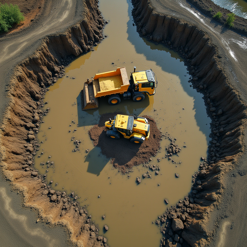 Aerial view of two construction vehicles working in a muddy excavation site.