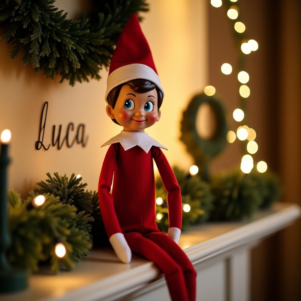 The image shows a cheerful elf on the shelf named Luca sitting on a mantel. Luca is dressed in a classic red outfit with a white collar and hat, sporting a friendly smile. Surrounding him are festive decorations, including a lush wreath and twinkling Christmas lights. The background is softly illuminated, creating a warm and inviting atmosphere. This scene beautifully captures the spirit of Christmas, evoking feelings of joy and nostalgia for family traditions.