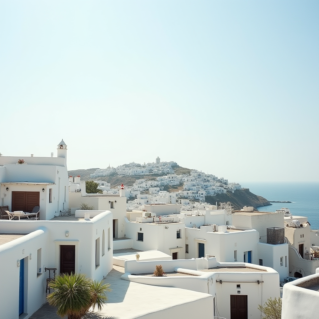 A serene hillside view of whitewashed buildings overlooking the sea, capturing the traditional architecture of a Greek island town.