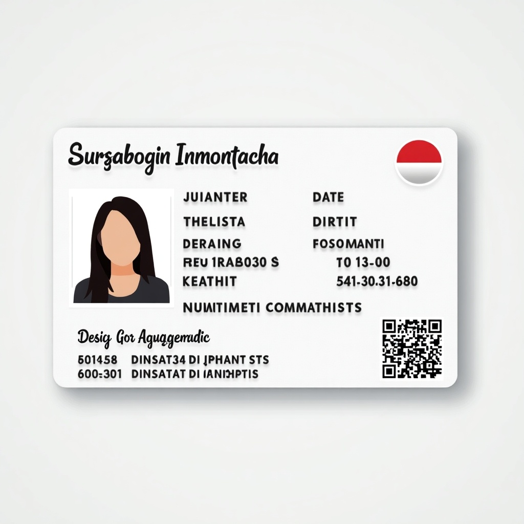 Design an ID card for a person in Indonesia. The card includes personal identification elements such as a photograph and name. It has security features like a QR code. The design is clear and professional.