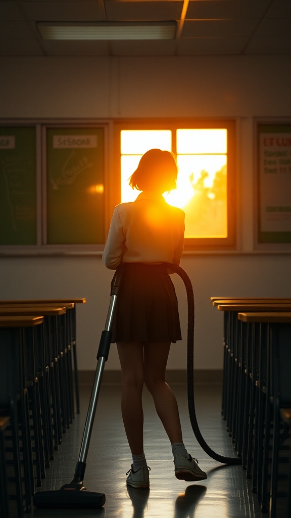 A young girl is seen vacuuming an empty classroom bathed in the warm, golden glow of the setting sun. The light streaming through the window creates a silhouette of the girl, highlighting the serene and peaceful atmosphere of the environment. The orderly rows of desks recede into the background, emphasizing the solitude and focus of the moment.