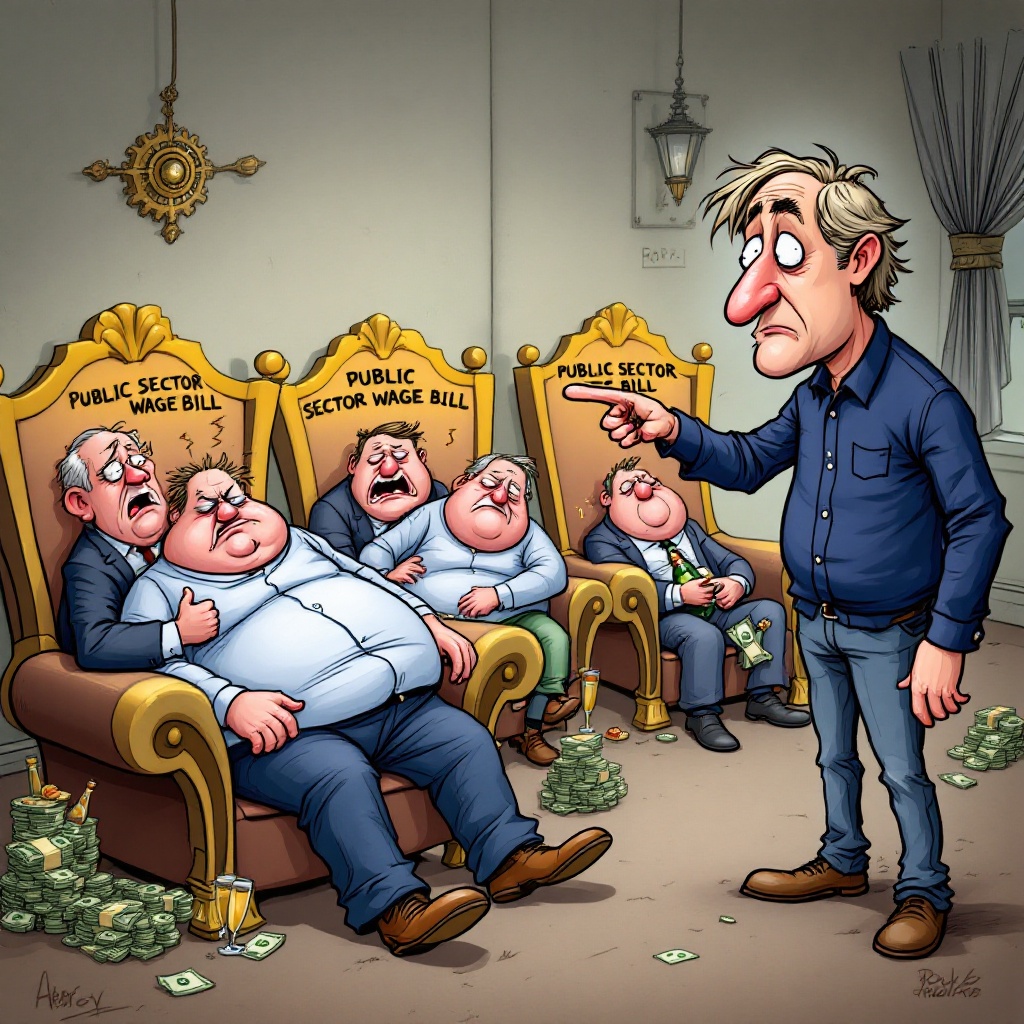 A satirical cartoon shows Rob Hersov confronting bureaucrats. Bureaucrats are overweight and sleepy in luxury chairs with money and luxury items around them. Background features chaos with flames, smoke, and a burning South African flag.