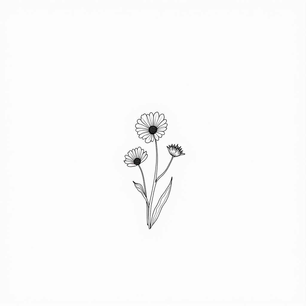 Floral design shows detailed flowers and stems. Line art style uses black lines on a white background. Minimalist approach emphasizes the flower details.