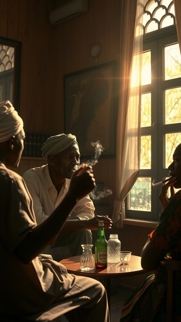 Three people engage in a relaxed conversation inside a warmly lit room with a bottle of spirits on a table.