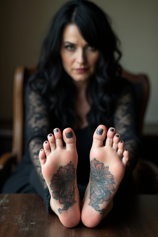 Mature goth woman showing tattoos on soles of bare feet. Five toes on each foot. Sitting on chair with feet on table.