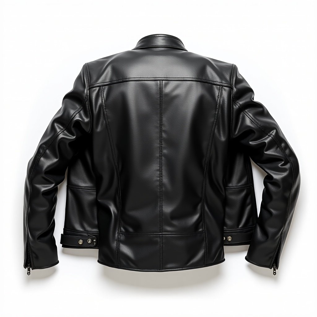 Men's black biker leather jacket presented on a white background. The image shows the jacket's back view. Ideal for showcasing style and design. Focused on fashion details and cleanliness.