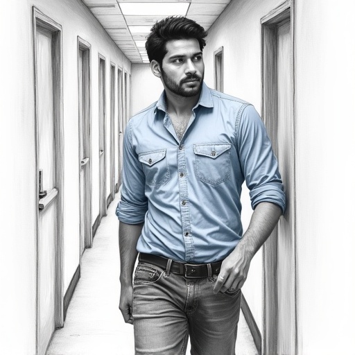 Highly detailed hyper-realistic pencil sketch of a man in a light blue shirt with dark jeans. He stands in a corridor. Looks around and takes a deep breath. His expression shows exhaustion and determination. Smooth blended shading and monochrome with high contrast. Close-up slightly high-angle view.