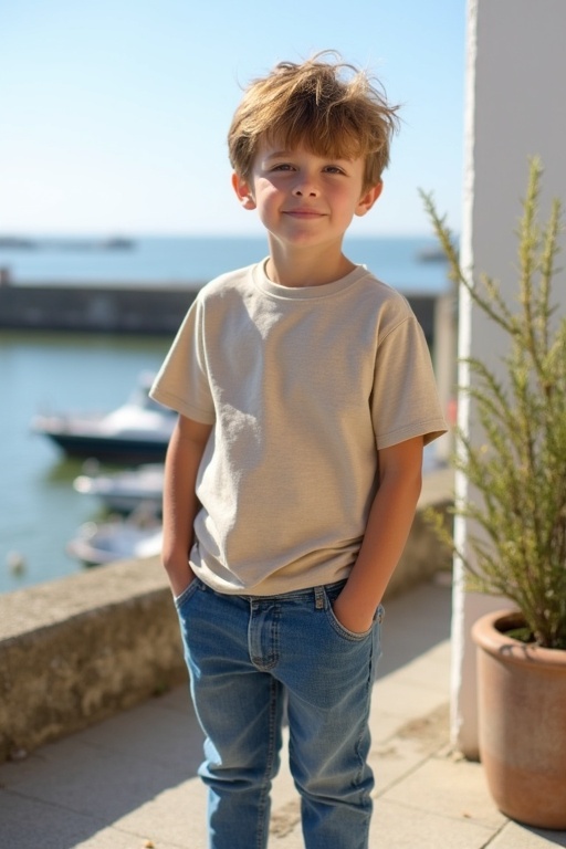 Young boy in a natural colored t-shirt and blue jeans stands on a sunny balcony by a harbor. His tousled light brown hair suggests playfulness. The background is a calm harbor in Normandy. This captures a tranquil moment in a beautiful setting.