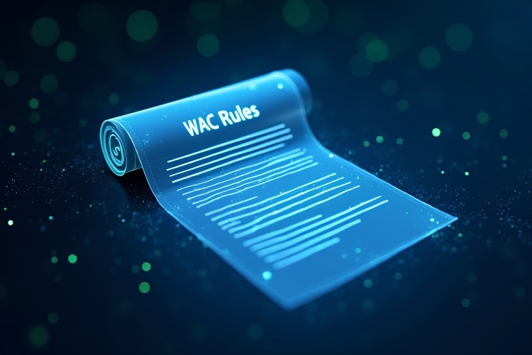 A dark blue starry background fills the image. A semi-transparent digital scroll unrolls in the center. The scroll displays WAC Rules at the top and has 12 glowing lines etched onto it. Surrounding the scroll are subtle green and blue light effects symbolizing technology like AI and blockchain.