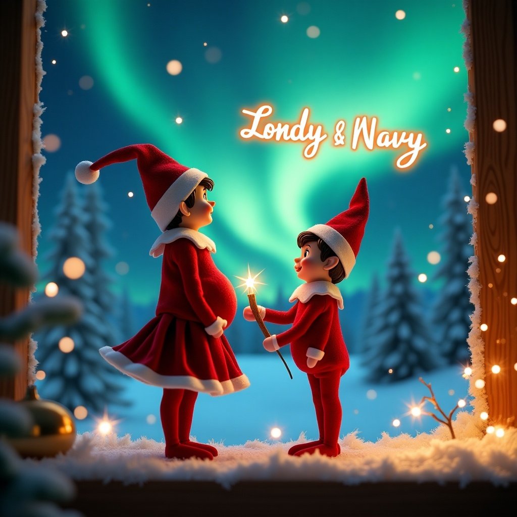 An enchanting Christmas scene features two elves. One elf wears a red skirt and is pregnant. The other elf stands beside her smiling. The elves are in a snowy landscape with northern lights. One elf holds a wand writing 'Londyn and Navy' in glowing letters. The scene captures the spirit of Christmas with whimsy and joy.