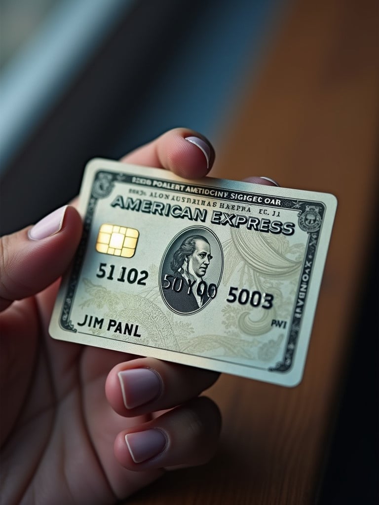 American Express credit card held in a hand. Name on the card reads Jim Panl. Background is blurred with a wooden surface.