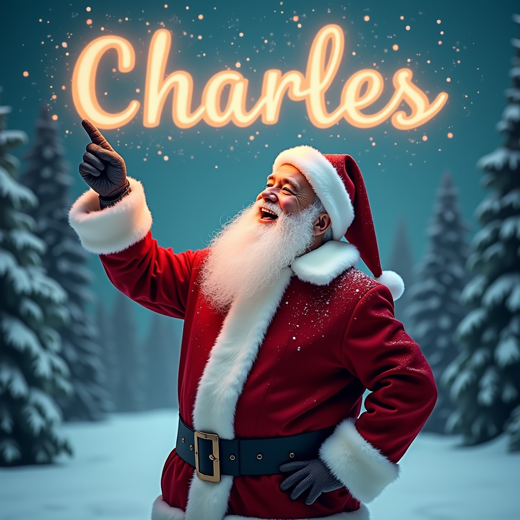 The image depicts a joyful Santa Claus standing in a winter wonderland. He is dressed in his traditional red suit with white trim and a matching hat. Santa is pointing upward as if he is magically writing a name in the sky. Snowflakes gently fall around him, adding to the festive atmosphere. In the sky, the name 'Charles' is written in bright, glowing letters. The background features snowy trees, enhancing the Christmas scene.