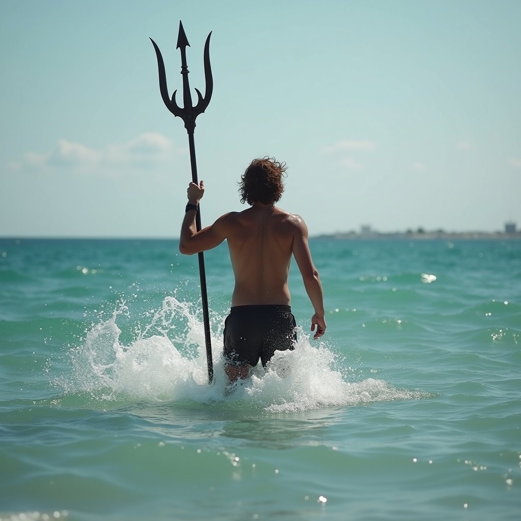 A person coming from the water holding a trident. Bright sunlight and turquoise ocean waves. The image conveys a sense of adventure and mythology.