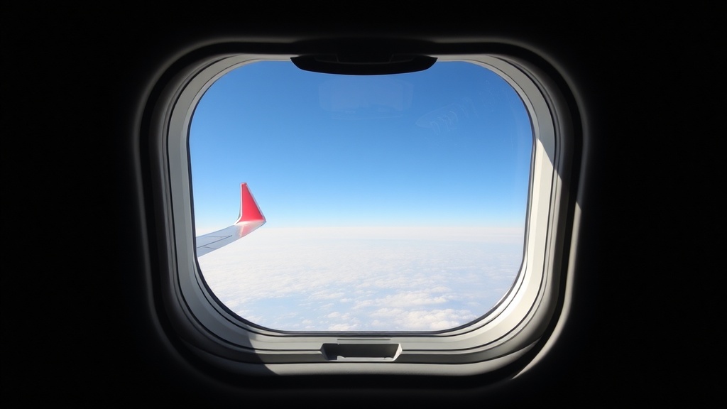 A view from an airplane window showing a clear blue sky and the horizon far above the clouds.