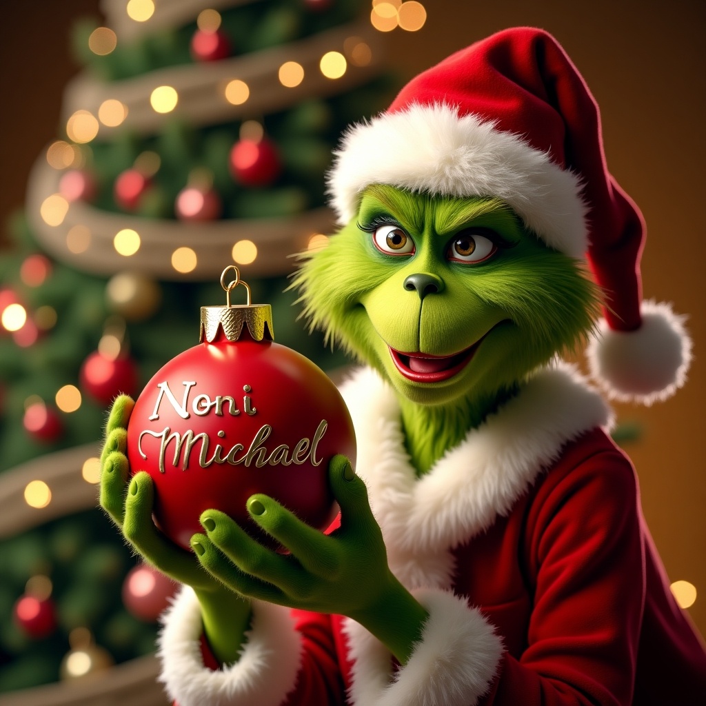 The Grinch holds a red ornament with the names Noni and Michael. Christmas tree appears in the background. Grinch is dressed in a Santa outfit.