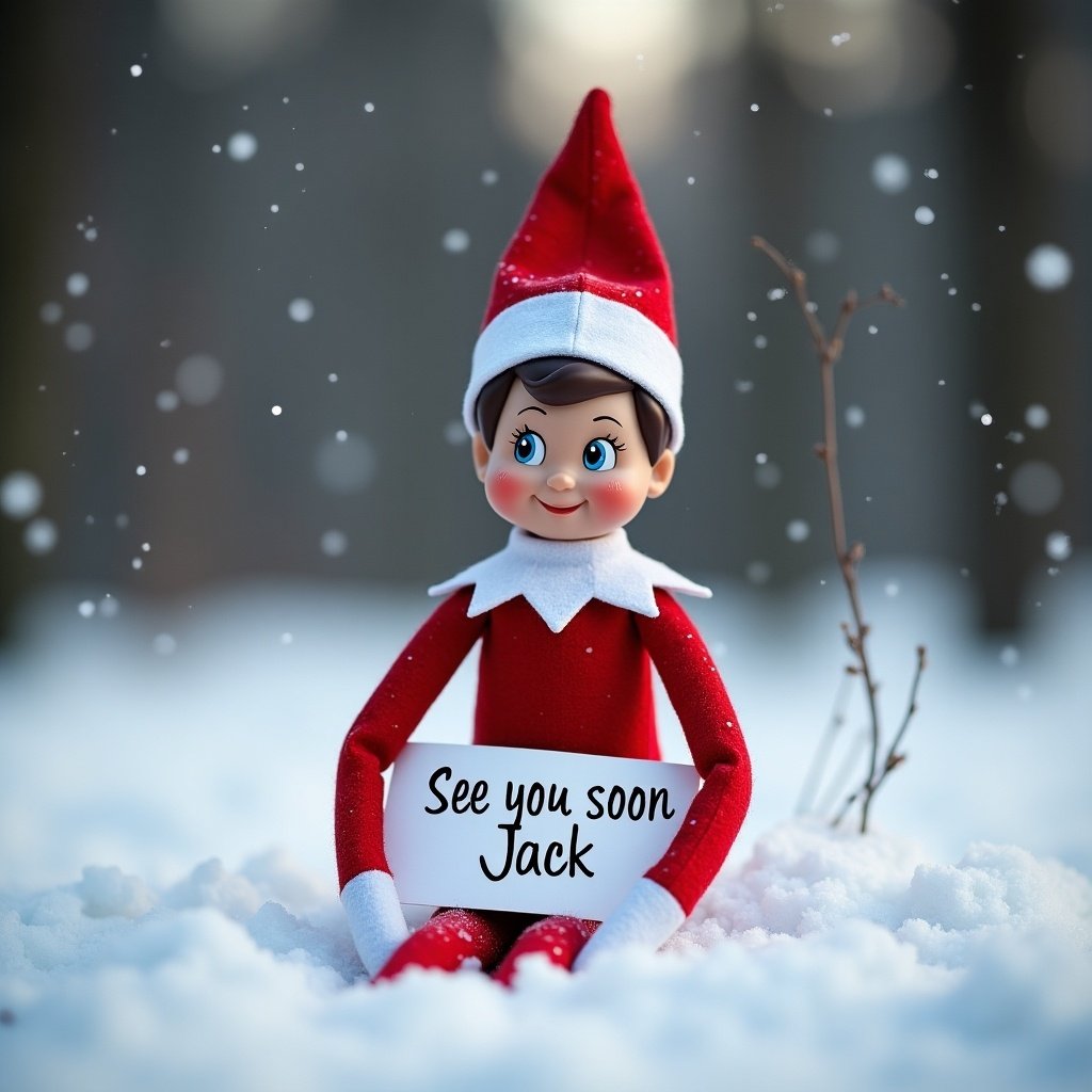 A cheerful elf on the shelf character is sitting alone in a snowy landscape. The elf is wearing a bright red outfit with a pointed hat, and is smiling at the viewer. In its hands, it holds a sign that reads, 'See you soon Jack,' in playful lettering. The background consists of softly falling snowflakes and a few sparse trees, enhancing the wintery feel. The lighting is soft and inviting, making it perfect for sharing holiday cheer.