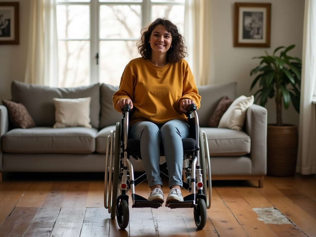 A person in a wheelchair smiles in a bright living room with a sofa and plant nearby.