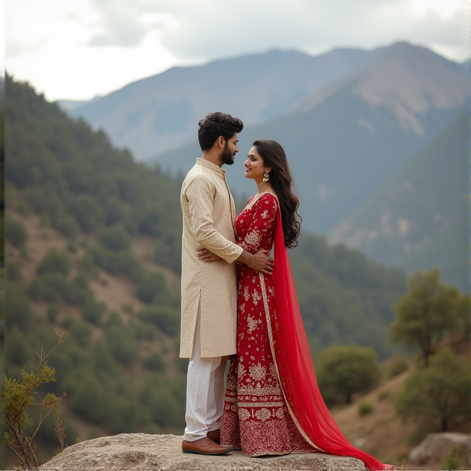 A couple dressed in traditional attire lovingly embraces on a mountain landscape.